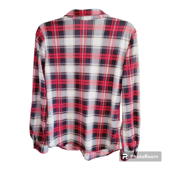 ARDENE Navy /Red Plaid Long Sleeve Blouse - Picture 2 of 6